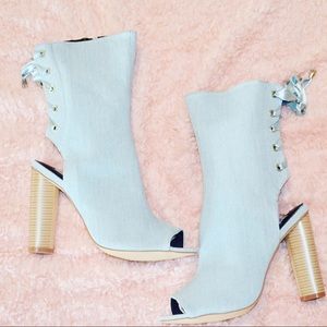 Peep toe denim boots